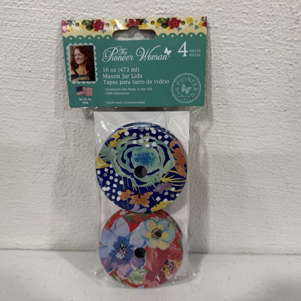 The Pioneer Woman Mason Jar Lids Colorful Floral Set 4pk 16oz Drinking Cup Lid